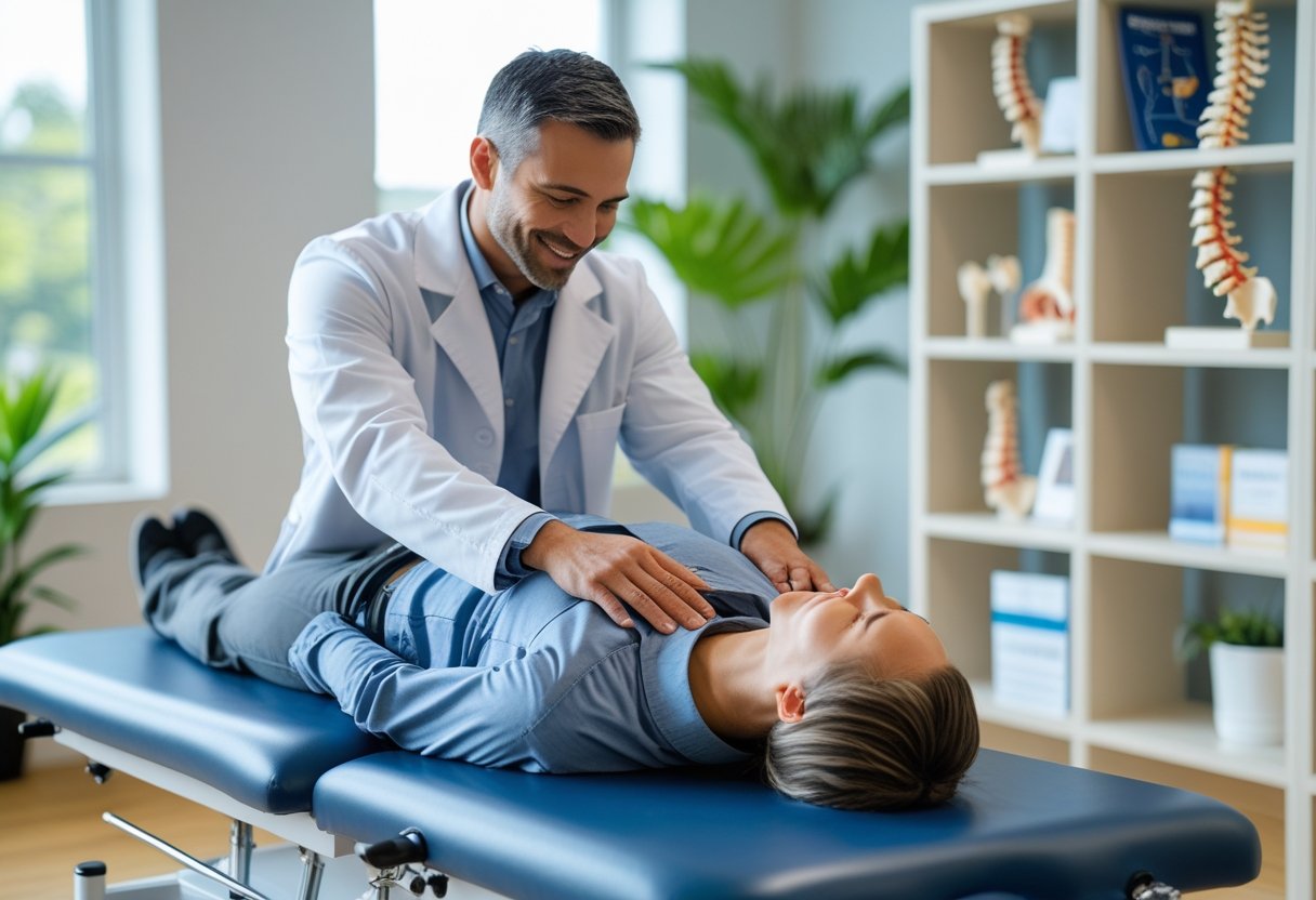 v2-11t0u8-djh6a - Preventive Medicine Daily A chiropractor gently adjusting a patient's spine in a bright clinic room with natural light and plants.