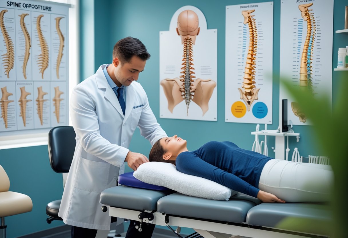 v2-11t0v2-9dc2f - Preventive Medicine Daily A chiropractor examining a patient's back in a clinic with spine models and posture charts on the walls.