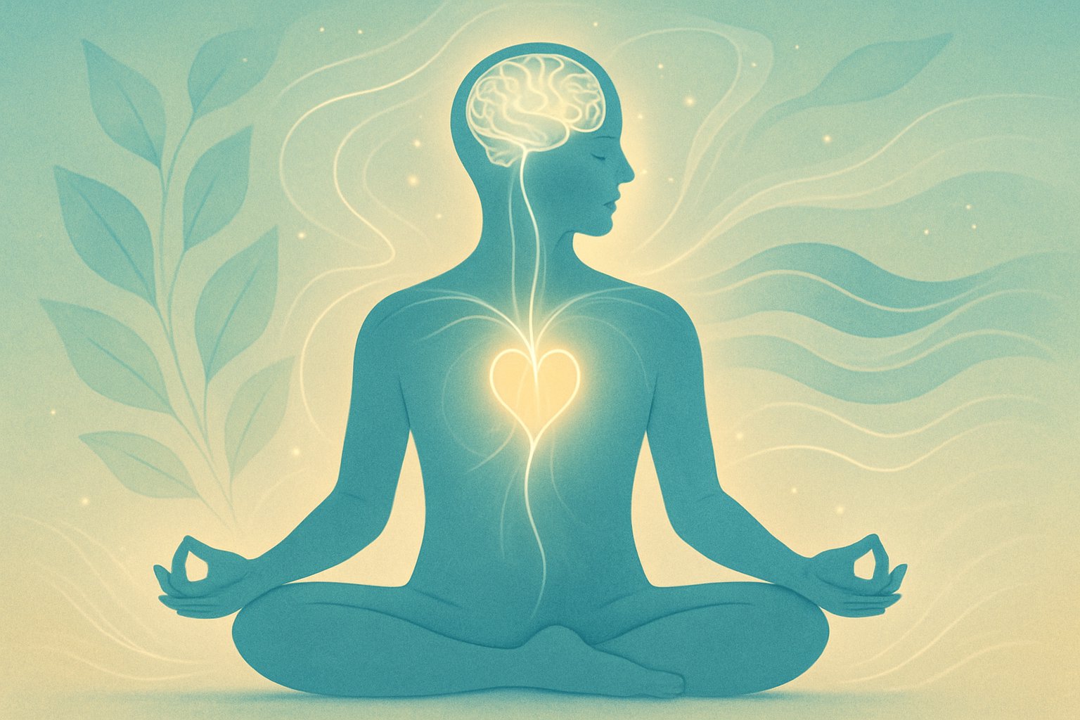 A person sitting in meditation with glowing connections between their brain and heart, surrounded by natural elements symbolizing harmony and healing.