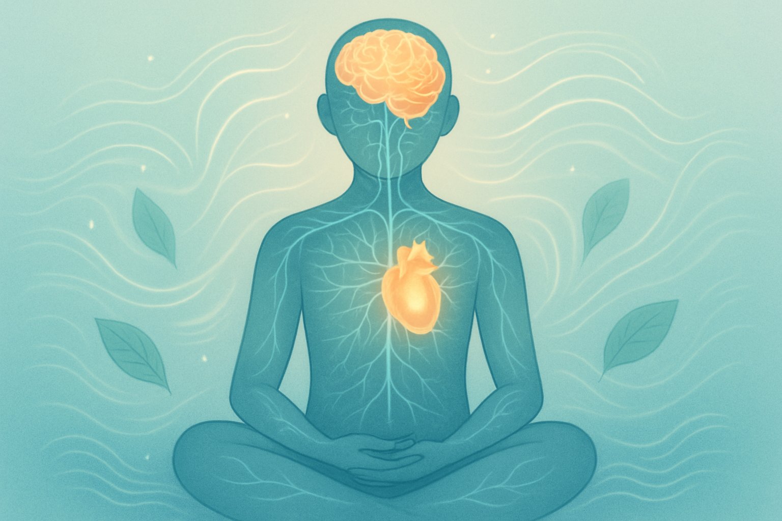 A human figure meditating with glowing brain and heart, surrounded by flowing lines symbolizing the connection between mind and body.