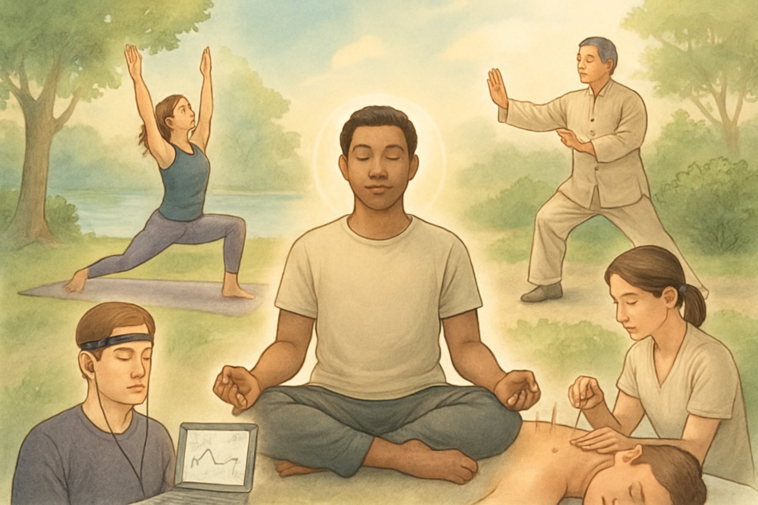 A group of people practicing meditation, yoga, acupuncture, tai chi, and biofeedback therapy in a peaceful natural setting.