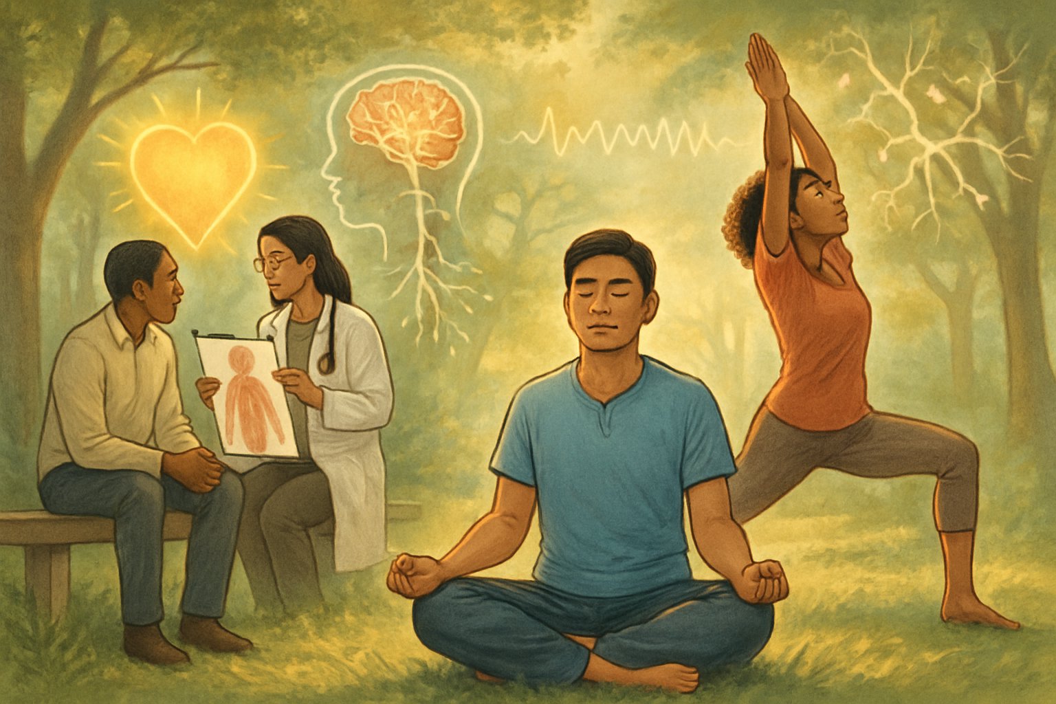 People practicing meditation and yoga outdoors with a healthcare professional nearby, illustrating the connection between mind and body in managing health.