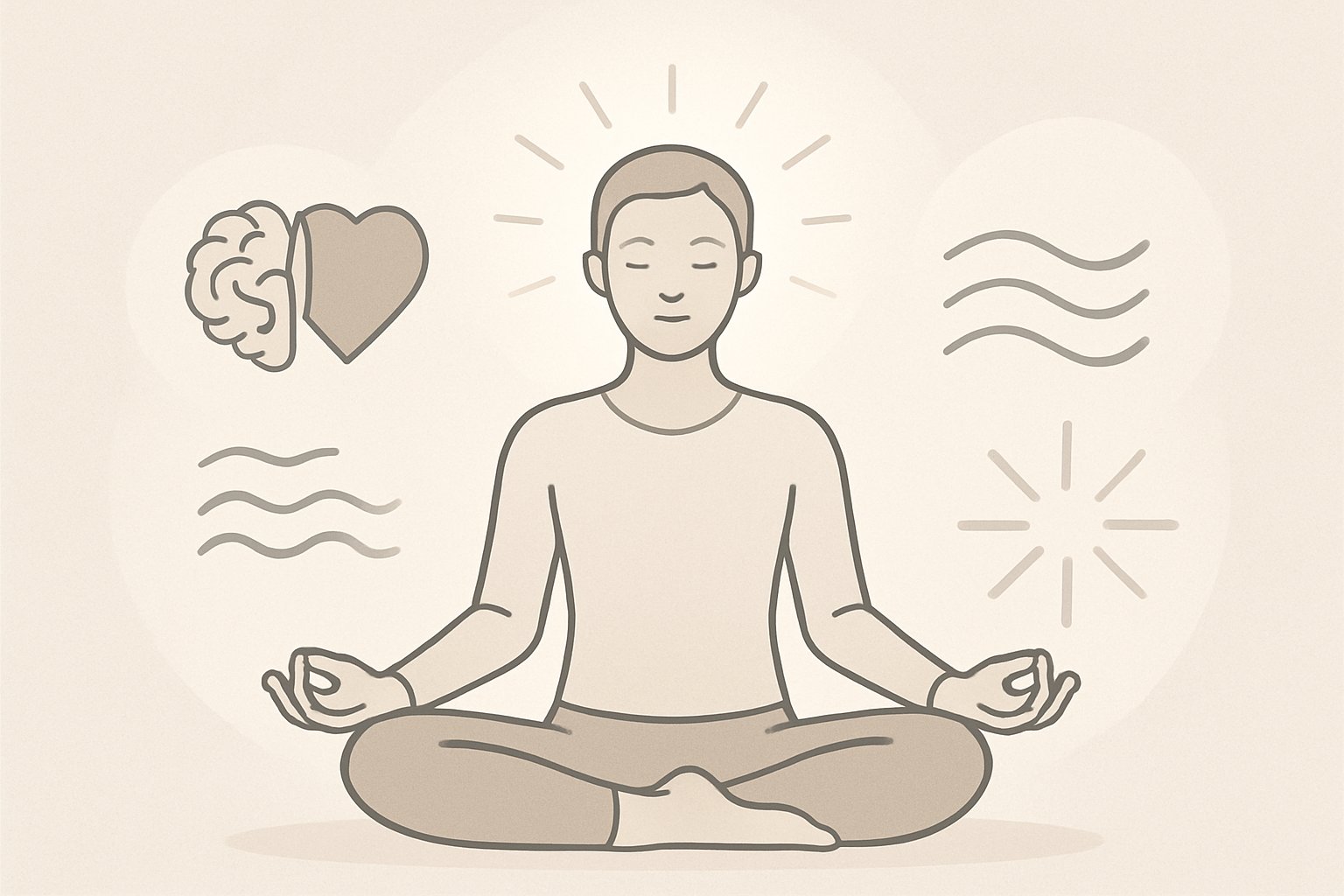 A calm person meditating surrounded by symbols of mind and body connection, including a brain, heart, and flowing energy waves.