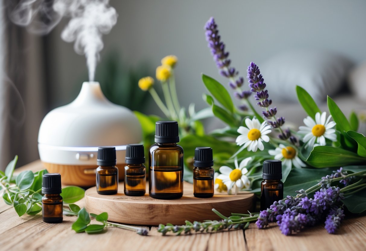 A wooden table with amber essential oil bottles, fresh lavender, eucalyptus, chamomile flowers, and a white diffuser emitting mist in a calm room.