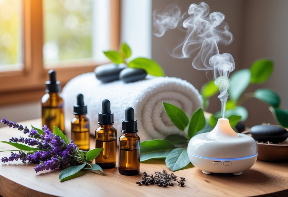 A spa table with essential oil bottles, fresh lavender, eucalyptus leaves, a ceramic diffuser emitting vapor, a rolled towel, massage stones, and dried herbs.