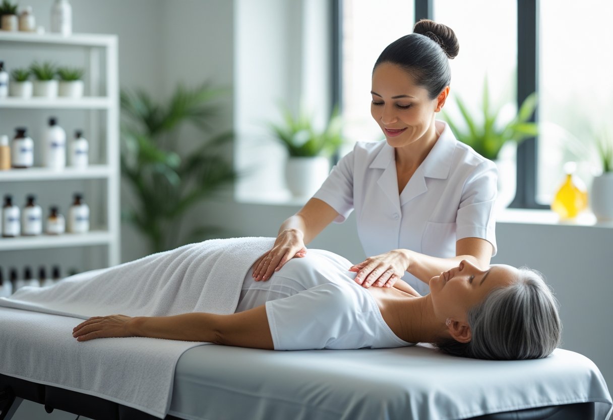 A massage therapist giving a back massage to a relaxed woman lying on a massage table in a bright, calming wellness clinic.