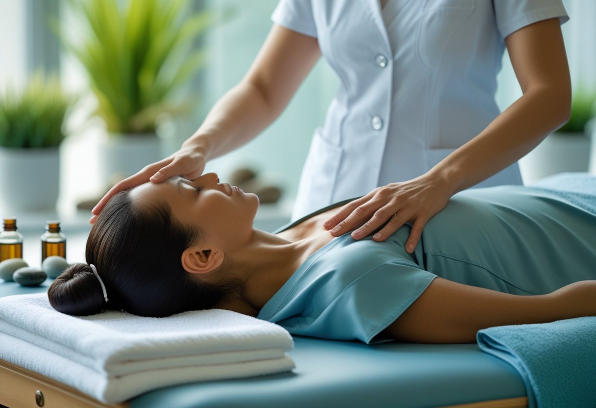 A massage therapist giving a back massage to a relaxed client in a calm spa room.