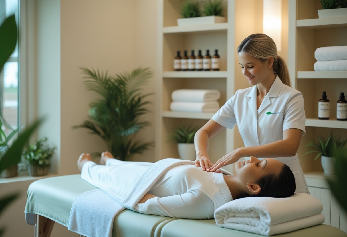 A massage therapist gently massaging a client's shoulders in a calm, well-lit treatment room with plants and wellness items.
