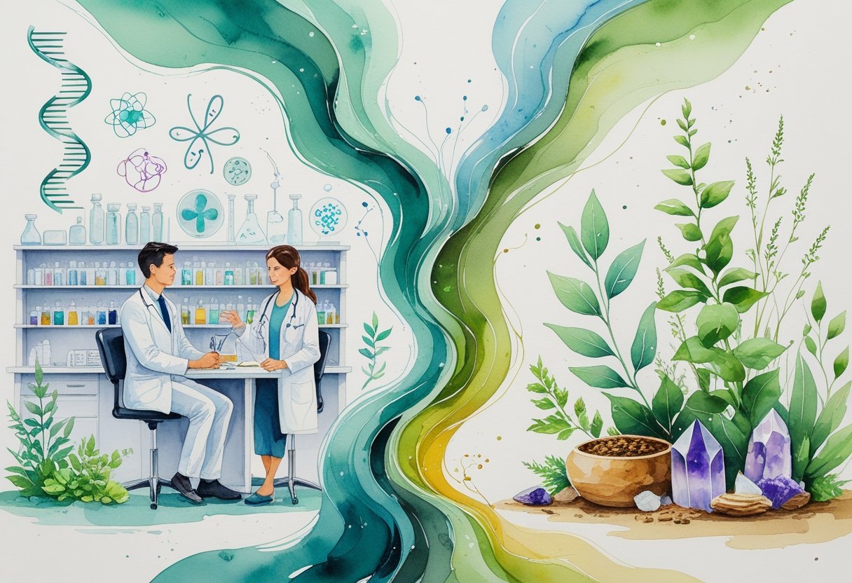 A peaceful scene showing a doctor with a patient on one side and natural healing elements like herbs and acupuncture on the other, blending together in a harmonious setting.