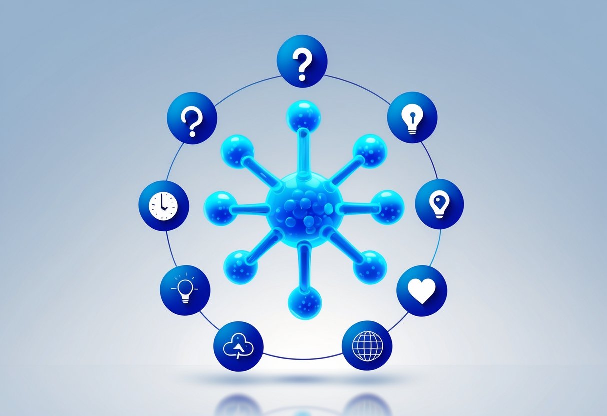A glowing blue molecular structure surrounded by ten icons representing common questions, arranged in a circle on a light blue background.