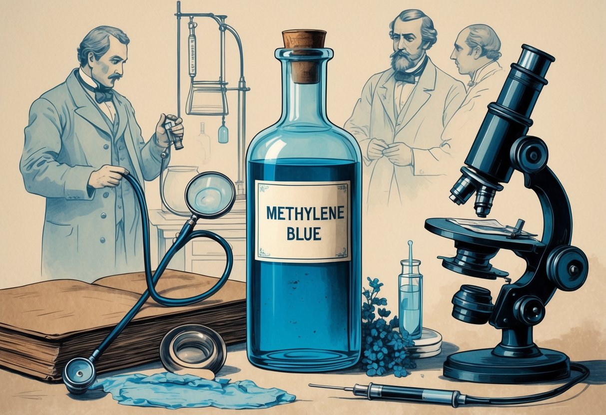 A vintage medical bottle with blue liquid surrounded by old medical tools and early doctors in a historical laboratory setting.
