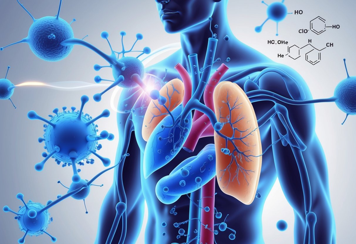 Illustration of a human body showing methylene blue molecules interacting with cells and blood vessels to demonstrate how the drug works inside the body.