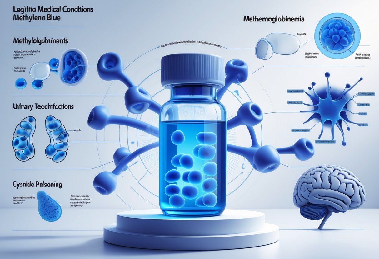A medical illustration showing the methylene blue molecule surrounded by images representing blood disorders, urinary system, cellular respiration, and brain to depict conditions treated with methylene blue.