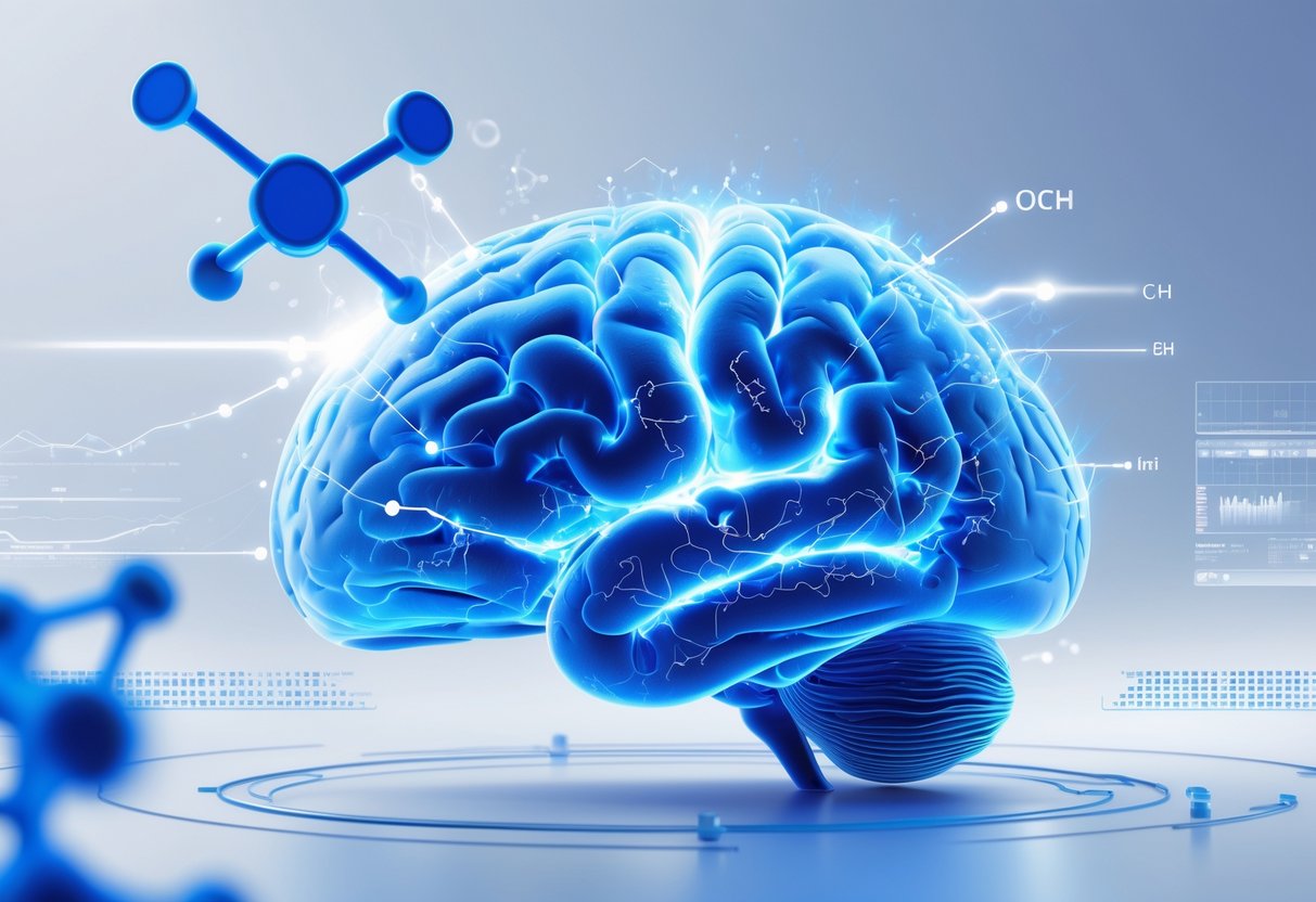 A glowing blue human brain with illuminated neural pathways surrounded by molecular structures and digital data streams, representing cognitive enhancement and scientific research.