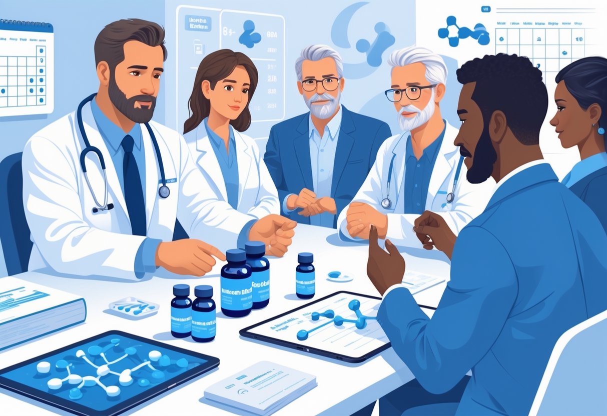 A healthcare professional explains precautions about methylene blue supplements to a group of adults in a medical consultation room with bottles and reference materials on the table.