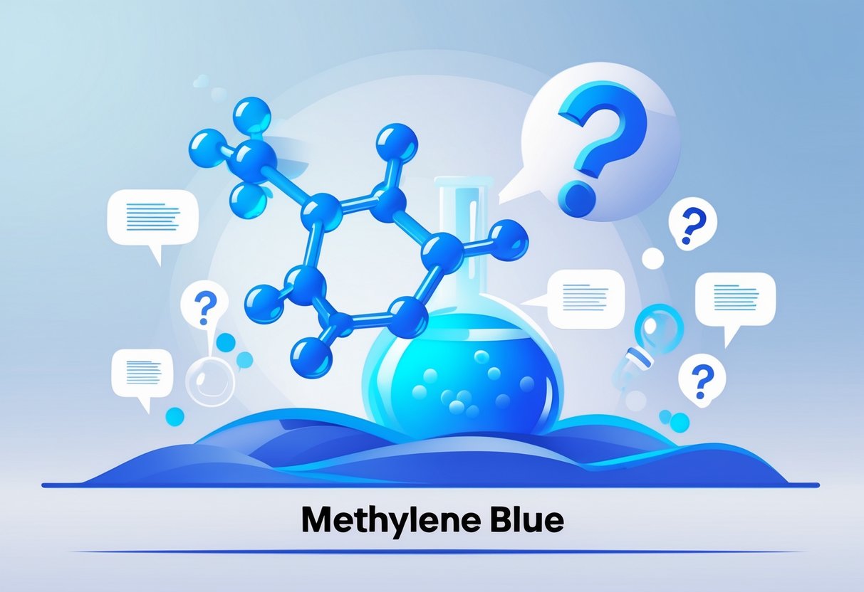 A detailed illustration showing the molecular structure of methylene blue surrounded by abstract question marks and icons representing inquiry.