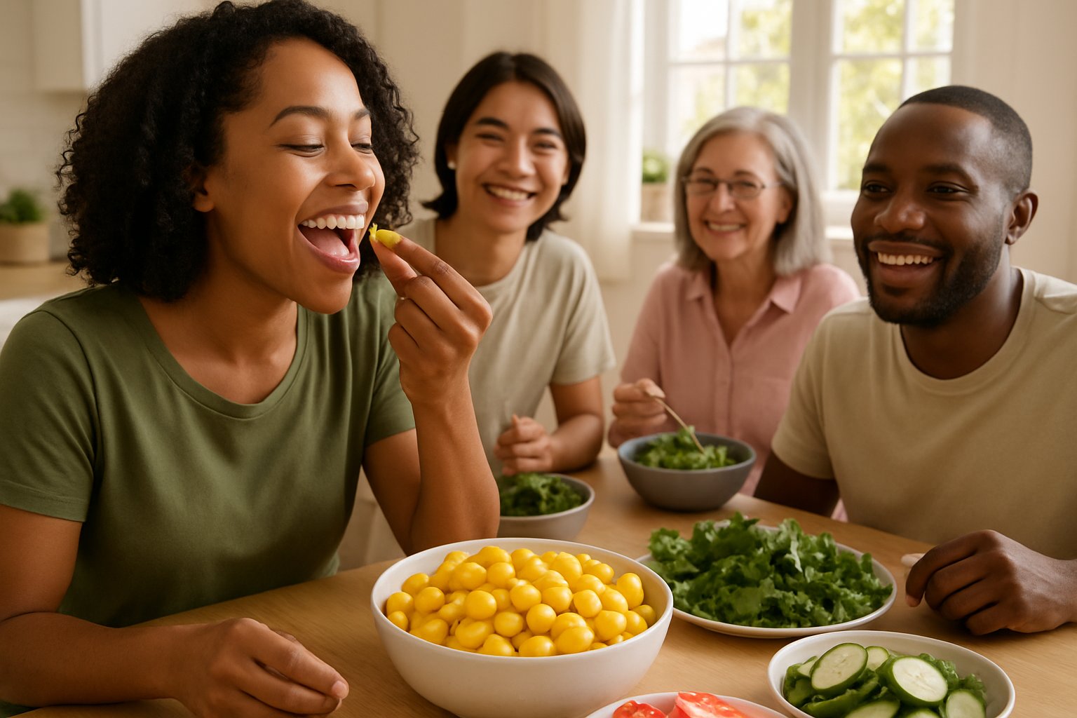 People enjoying a meal with lupini beans and fresh vegetables on a kitchen table.