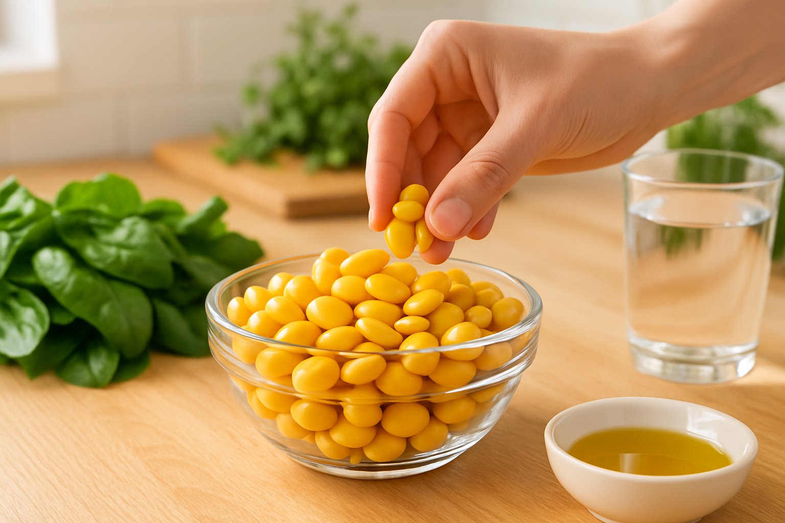 A hand picking lupini beans from a glass bowl on a kitchen countertop surrounded by fresh vegetables and a glass of water.