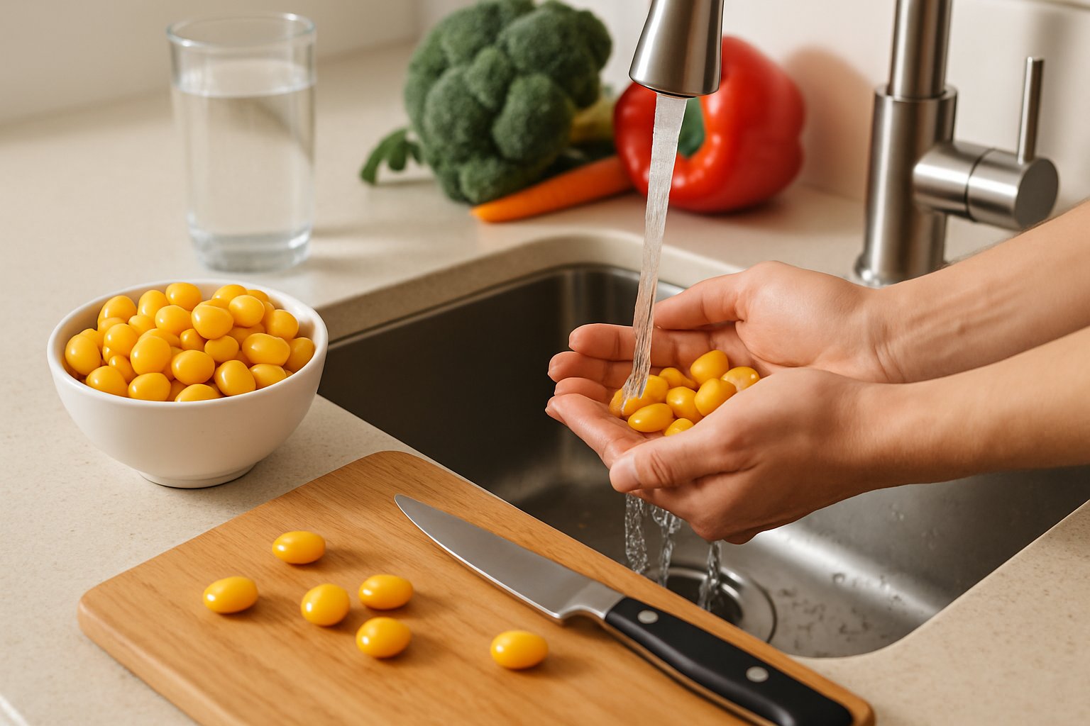 Hands rinsing lupini beans in a kitchen sink with a bowl of lupini beans and fresh vegetables on the countertop.