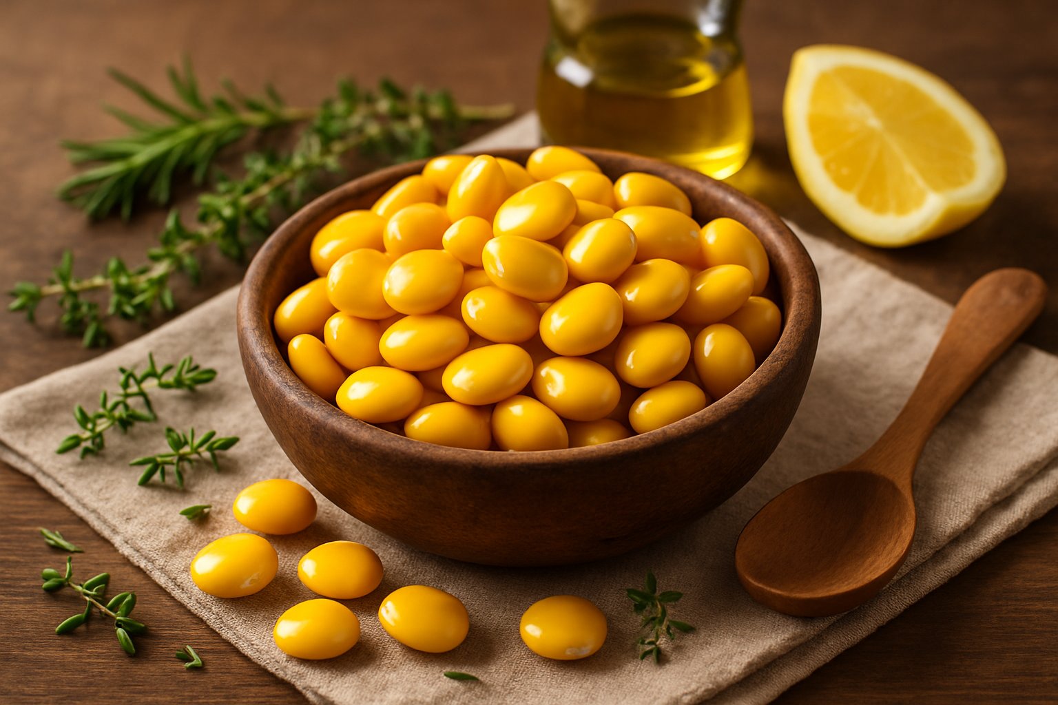 Close-up of a wooden bowl filled with yellow lupini beans on a wooden table surrounded by fresh herbs, lemon wedge, and olive oil.