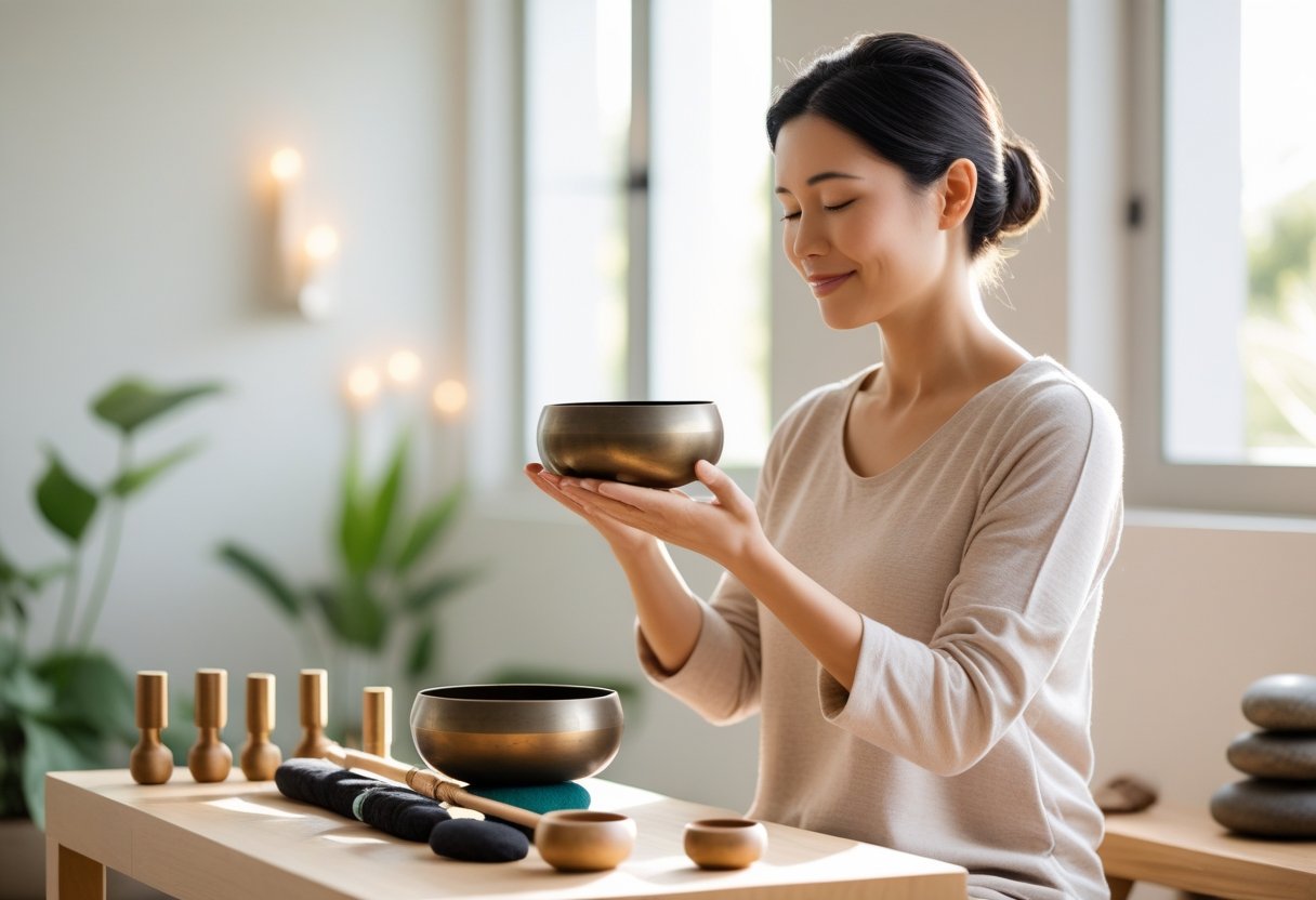 A person holding a crystal singing bowl in a bright room with sound healing instruments and plants nearby.