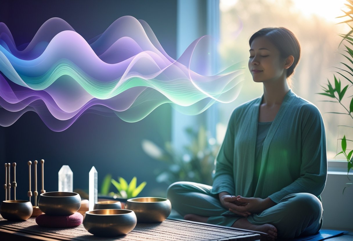 A person meditating surrounded by colorful sound waves with sound healing instruments nearby in a peaceful room with natural light.