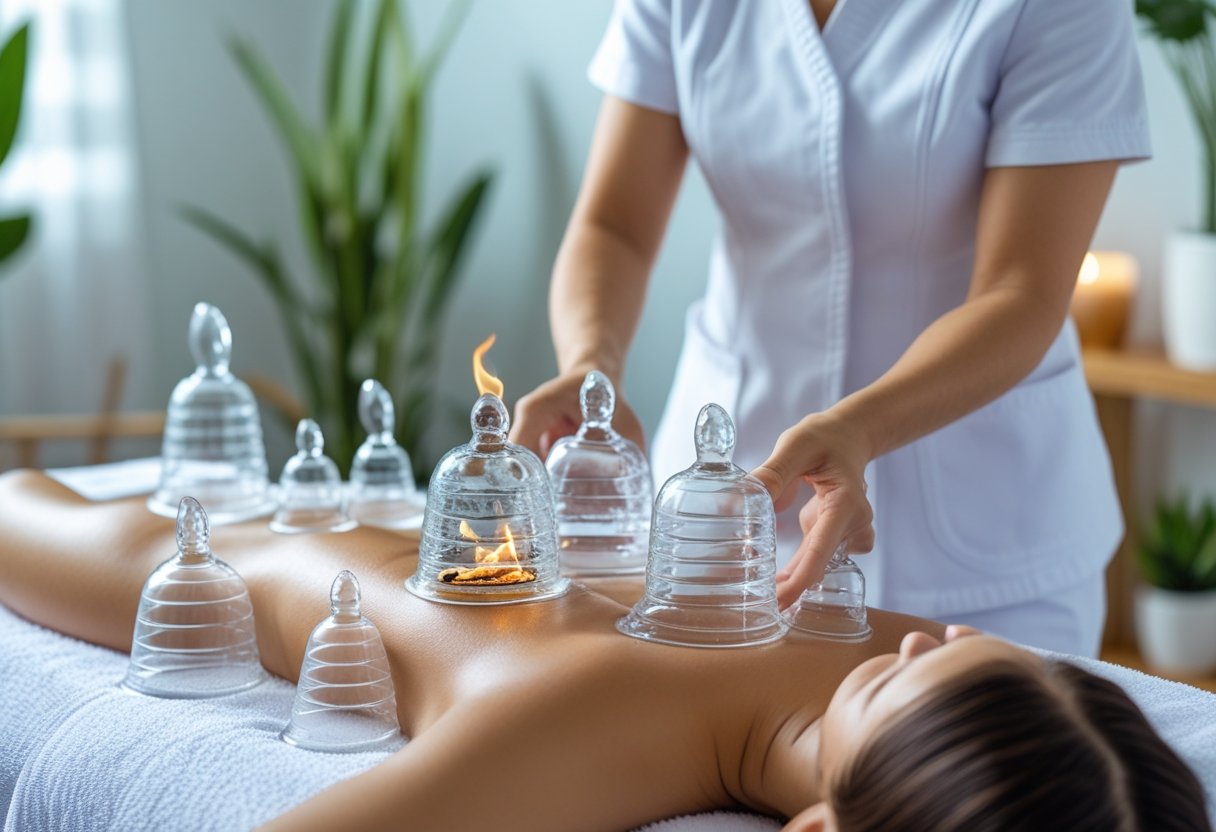 A therapist applying different types of cupping therapy on a patient's back in a clean spa setting.