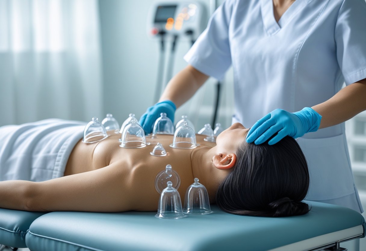 A therapist performing cupping therapy on a patient's back in a clean clinical setting.