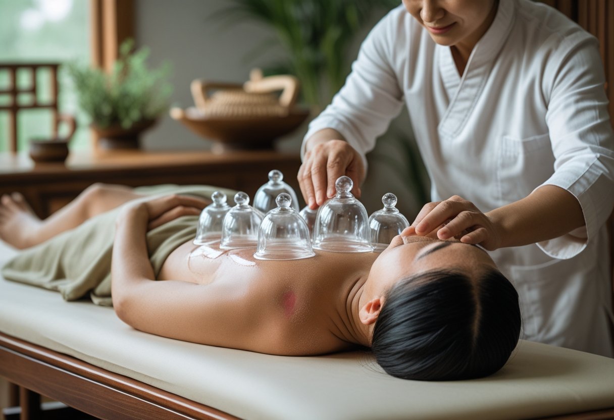 A practitioner placing glass cups on a person's back during a cupping therapy session in a warm, traditional setting.