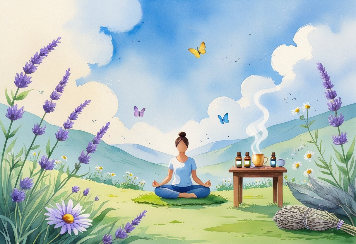A person meditating outdoors surrounded by lavender and chamomile plants, with a table holding essential oils and herbal tea in a peaceful natural setting.