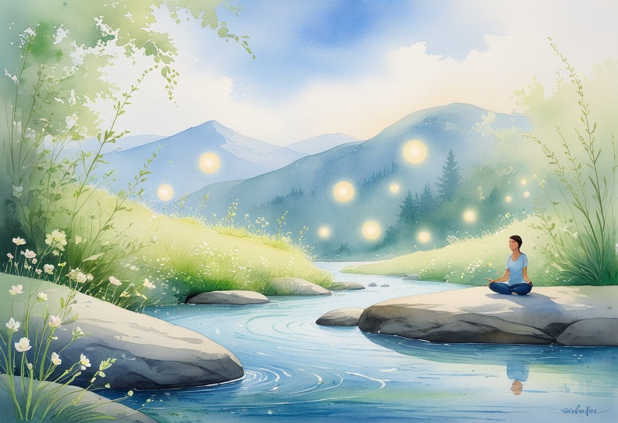 A person meditating peacefully beside a gentle stream surrounded by greenery and flowers with mountains in the background.