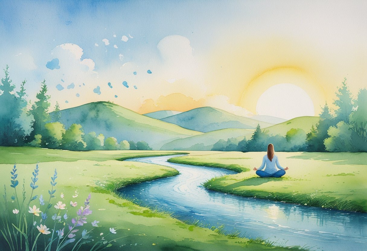 A person meditating peacefully by a flowing stream in a green meadow with wildflowers, surrounded by hills and a sunrise.