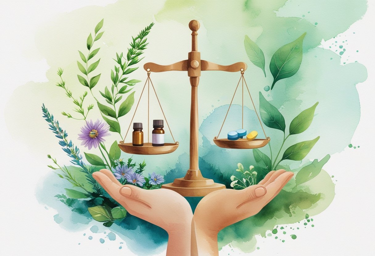 A balanced scale held by a hand with natural herbs and medical symbols, set against a peaceful garden blending into a clinical space.
