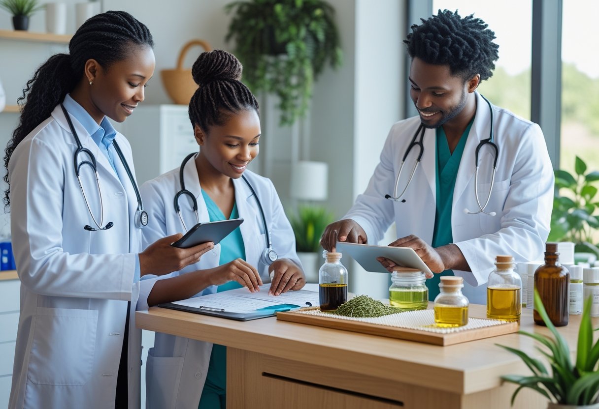 Healthcare professionals collaborating in a medical office with conventional medical tools and natural remedies on a table.