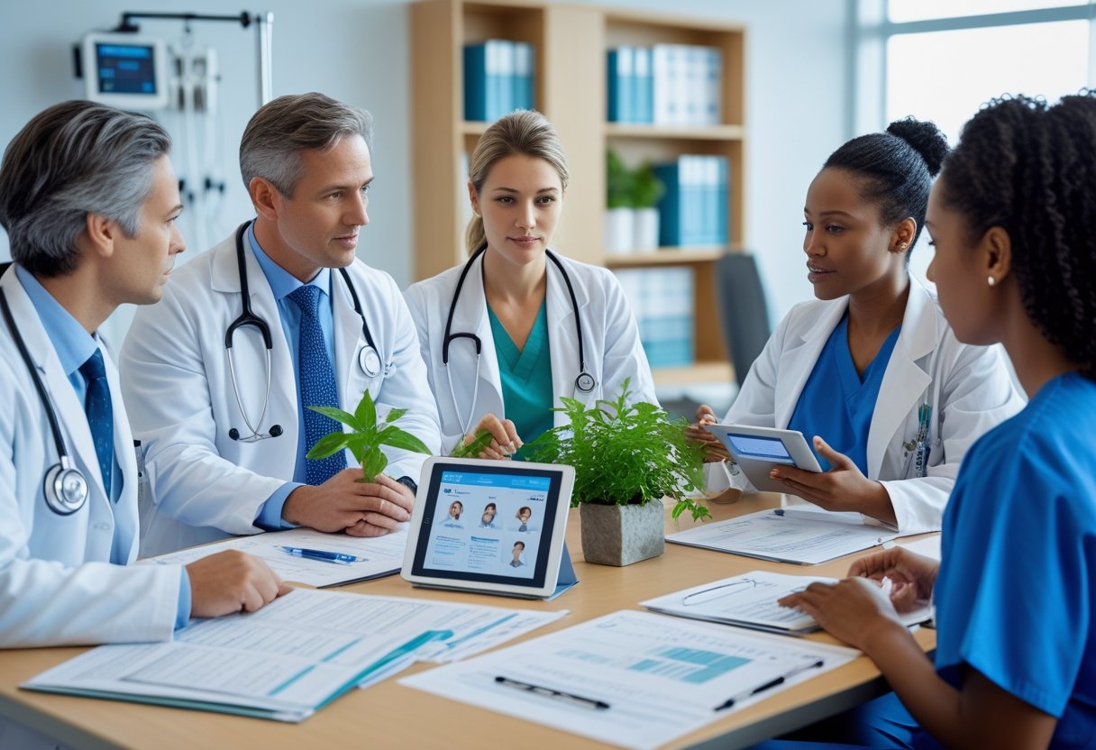 A group of healthcare professionals from conventional and alternative medicine discussing patient care around a hospital conference table.