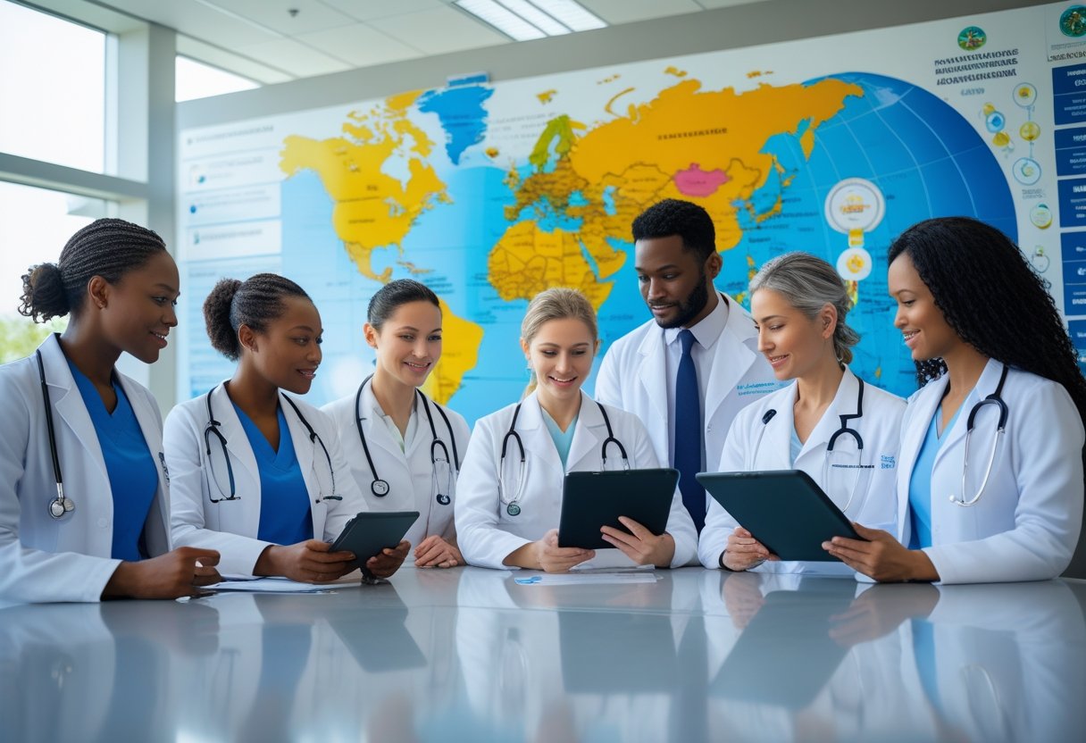 A diverse group of healthcare professionals and alternative medicine practitioners collaborating around a table with medical charts and digital devices in a bright conference room.