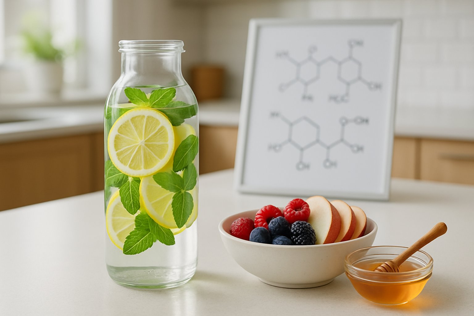 A glass bottle of water infused with lemon slices and mint on a kitchen countertop next to a bowl of fresh fruit and honey, with a blurred scientific chart in the background.