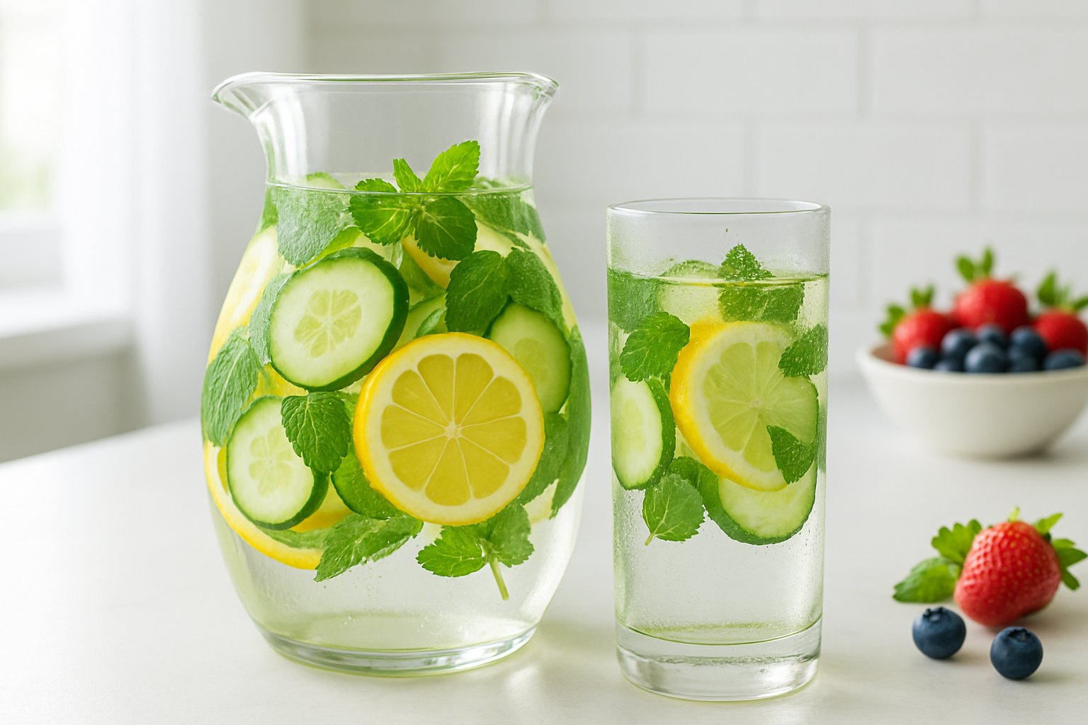 A glass pitcher and glass of water infused with lemon, cucumber, and mint on a kitchen countertop with fresh fruit in the background.