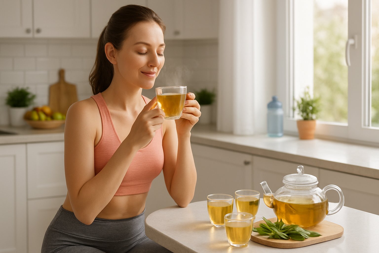 A woman sitting at a kitchen counter holding a cup of steaming tea surrounded by fresh tea leaves and cups.