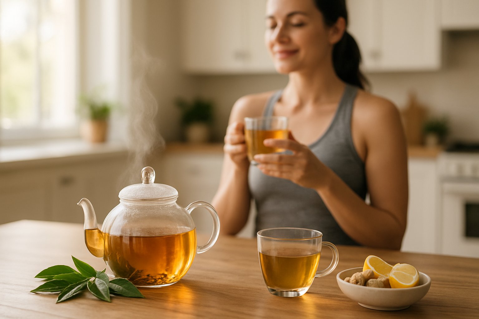 A glass teapot and cup of slimming tea on a wooden table with fresh tea leaves and lemon slices, and a person holding a cup in the background.