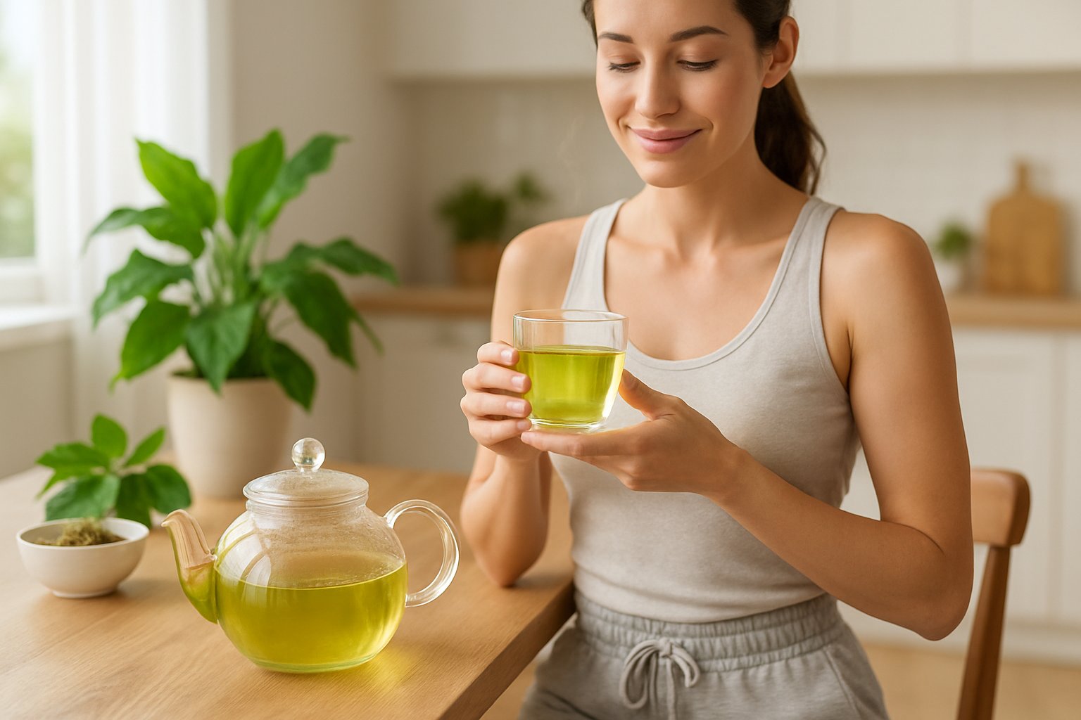 A woman holding a cup of steaming slimming tea in a bright kitchen with fresh herbs and a digital scale on the table.
