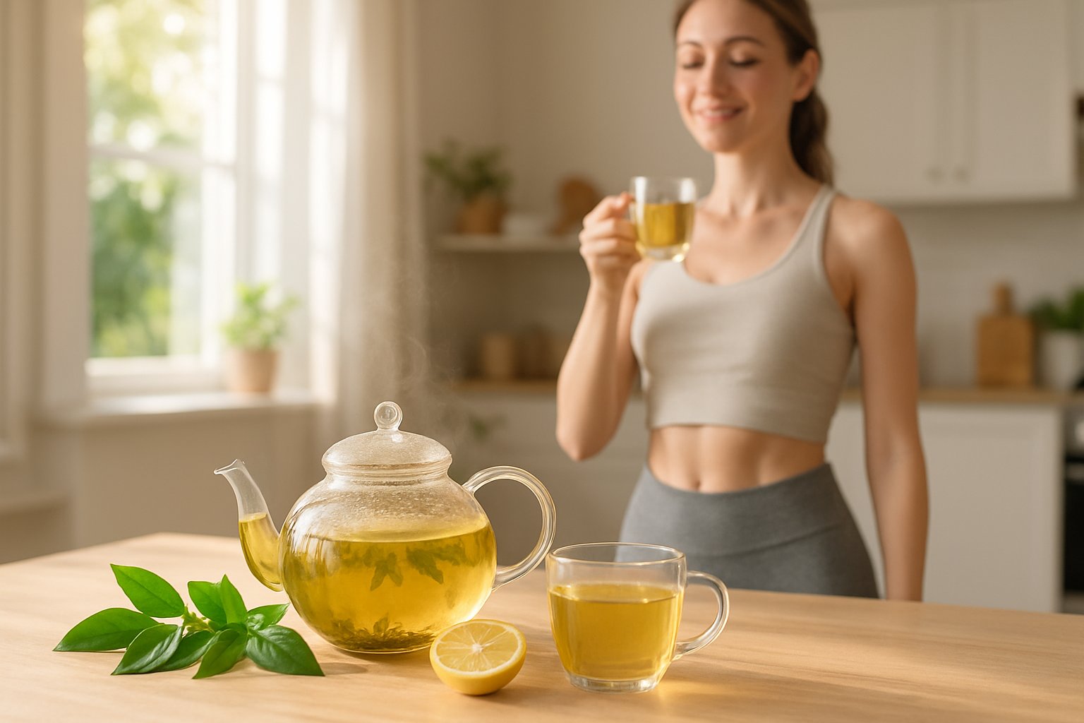 A young woman holding a cup of tea at a kitchen table with a glass teapot and fresh green tea leaves nearby.