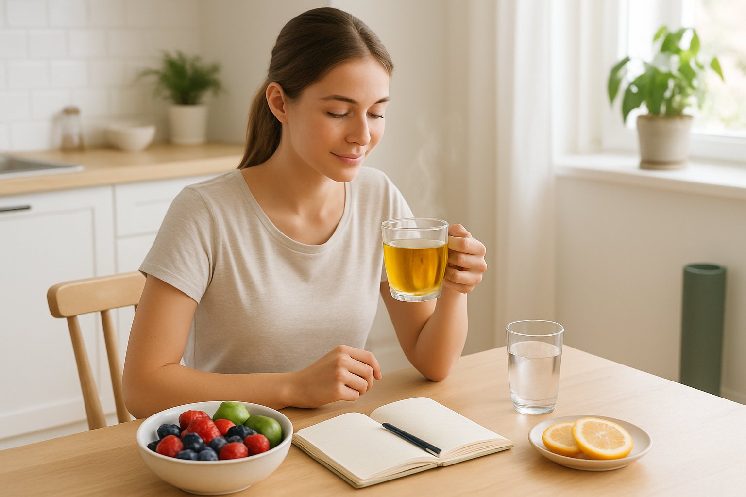 A woman sitting at a kitchen table holding a cup of tea surrounded by fresh fruits and wellness items.