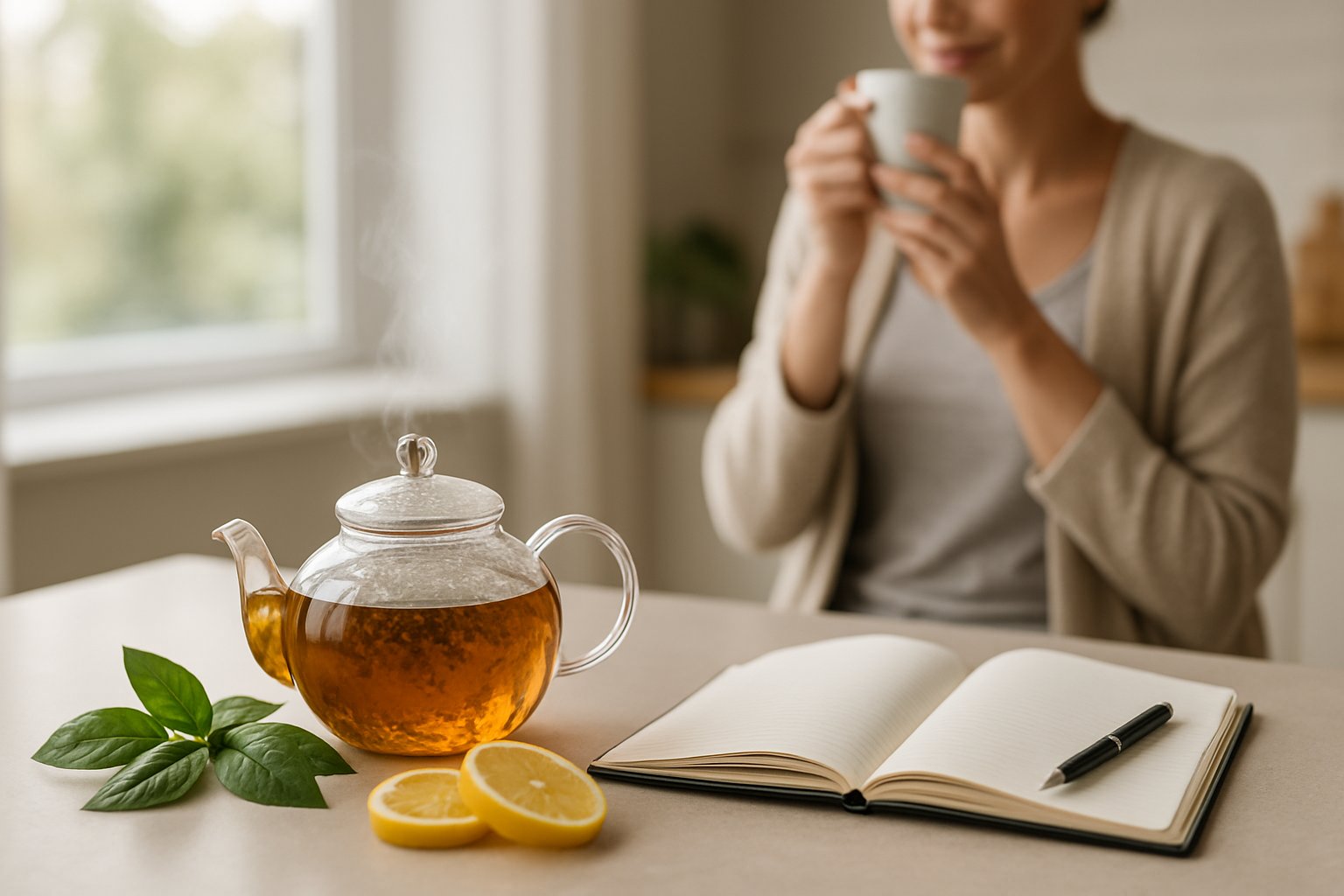 A person holding a cup of tea in a bright kitchen with a teapot, fresh tea leaves, lemon slices, and an open notebook on the countertop.