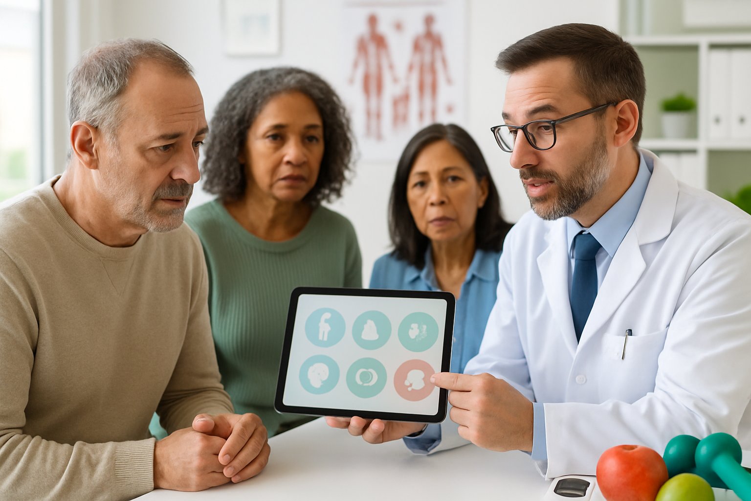 A doctor discussing early health symptoms with a middle-aged patient in a bright medical clinic.