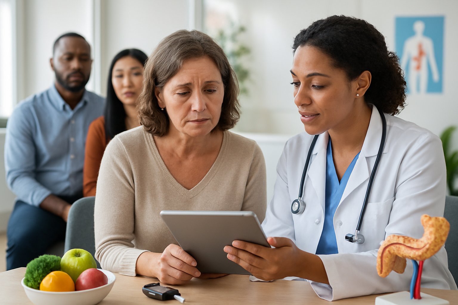 A diverse group of adults in a medical consultation, with a healthcare professional explaining health information using a tablet.