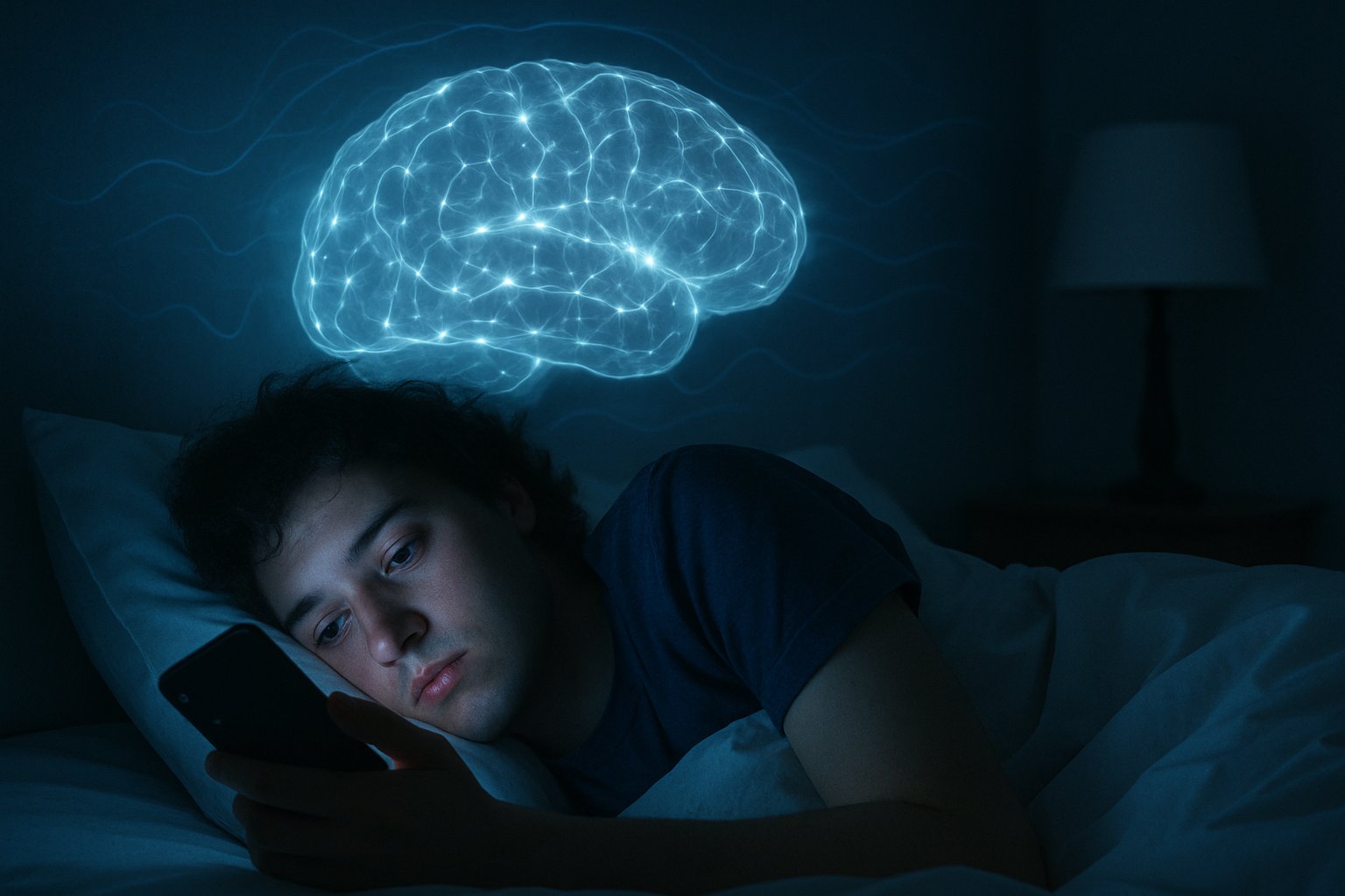 A person lying in bed at night looking at a glowing smartphone, with a faint illustration of a brain overlayed to represent brain activity.