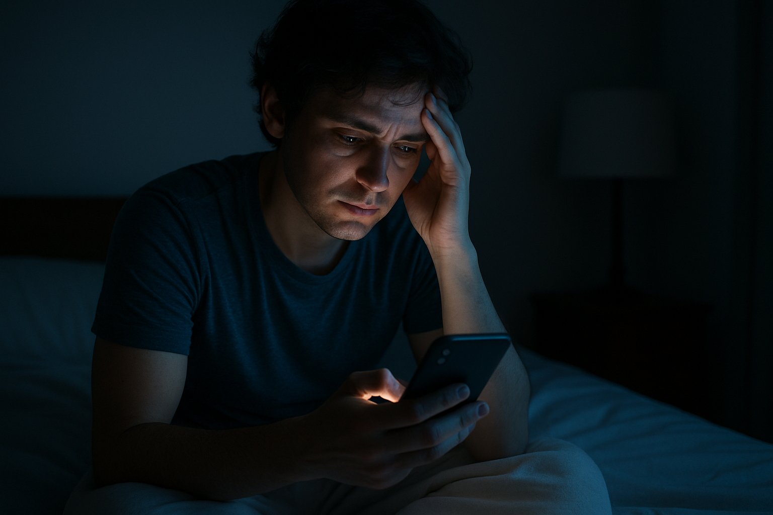 A young adult sitting on a bed at night, looking tired while using a smartphone that glows blue in a dimly lit bedroom.