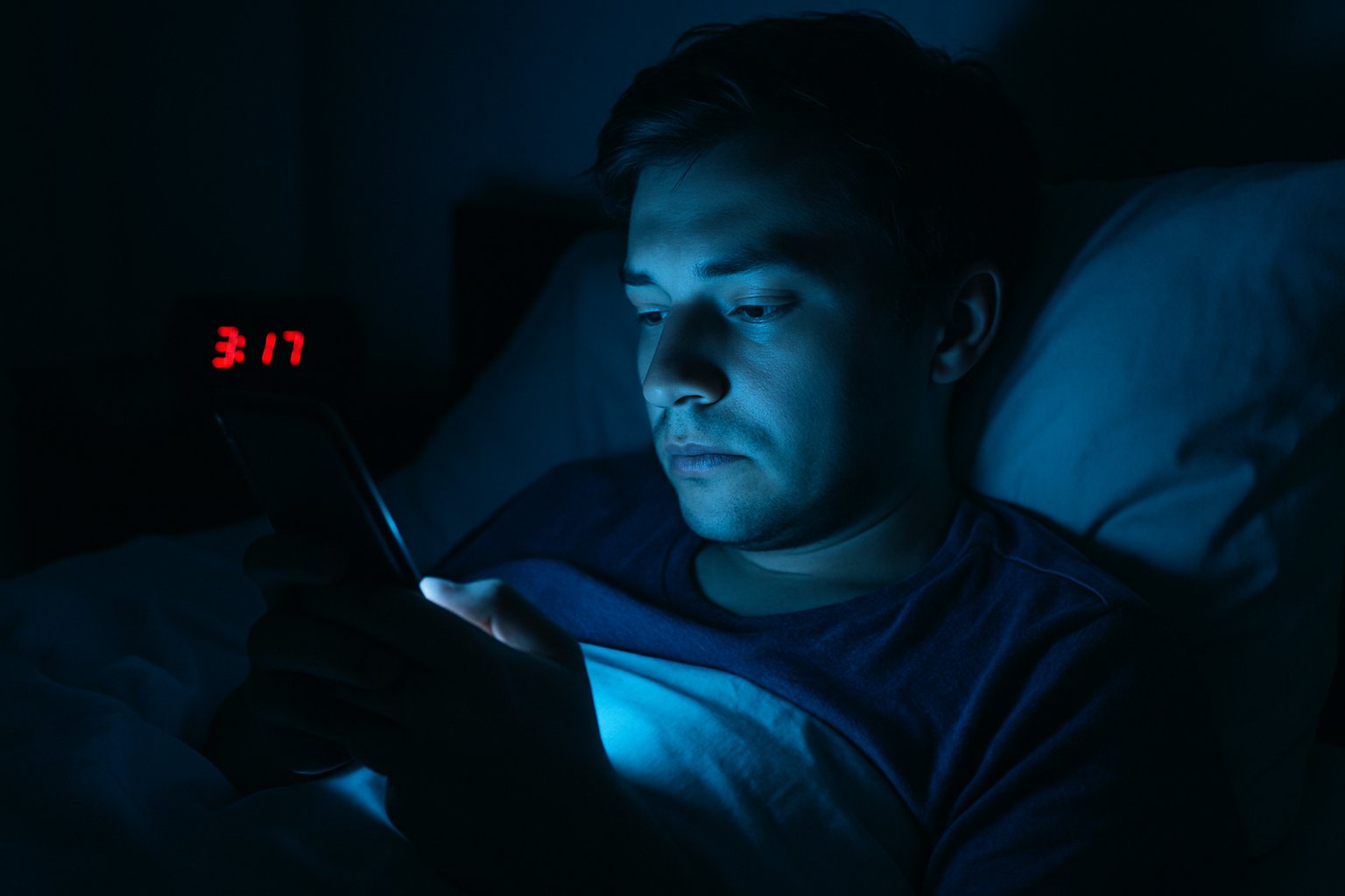 A person lying in bed at night looking at a smartphone emitting blue light that illuminates their face.