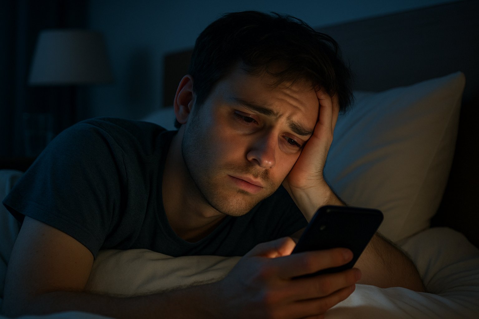 A young adult lying in bed at night, looking tired while scrolling on a smartphone illuminated by blue light.